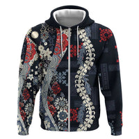 Hawaii Puakenikeni and Maile Lei Hoodie Navy Blue Japanese Wave Style - Polynesian Pride