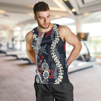 Hawaii Puakenikeni and Maile Lei Men Tank Top Navy Blue Japanese Wave Style - Polynesian Pride