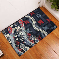 Hawaii Puakenikeni and Maile Lei Rubber Doormat Navy Blue Japanese Wave Style - Polynesian Pride