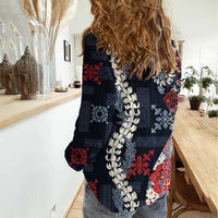 Hawaii Puakenikeni and Maile Lei Women Casual Shirt Navy Blue Japanese Wave Style - Polynesian Pride