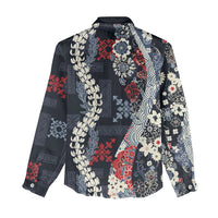 Hawaii Puakenikeni and Maile Lei Women Casual Shirt Navy Blue Japanese Wave Style - Polynesian Pride