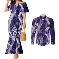 Hawaii Puakenikeni and Maile Lei Couples Matching Mermaid Dress and Long Sleeve Button Shirt Purple Japanese Wave Style LT9 Purple - Polynesian Pride
