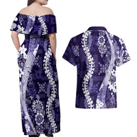 Hawaii Puakenikeni and Maile Lei Couples Matching Off Shoulder Maxi Dress and Hawaiian Shirt Purple Japanese Wave Style LT9 - Polynesian Pride