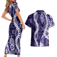 Hawaii Puakenikeni and Maile Lei Couples Matching Short Sleeve Bodycon Dress and Hawaiian Shirt Purple Japanese Wave Style LT9 - Polynesian Pride
