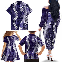 Hawaii Puakenikeni and Maile Lei Family Matching Off The Shoulder Long Sleeve Dress and Hawaiian Shirt Purple Japanese Wave Style LT9 - Polynesian Pride