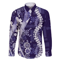 Hawaii Puakenikeni and Maile Lei Family Matching Off Shoulder Maxi Dress and Hawaiian Shirt Purple Japanese Wave Style LT9 Dad's Shirt - Long Sleeve Purple - Polynesian Pride