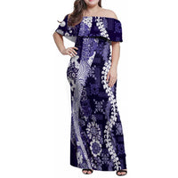 Hawaii Puakenikeni and Maile Lei Family Matching Off Shoulder Maxi Dress and Hawaiian Shirt Purple Japanese Wave Style LT9 Mom's Dress Purple - Polynesian Pride