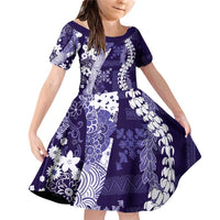 Hawaii Puakenikeni and Maile Lei Family Matching Off Shoulder Short Dress and Hawaiian Shirt Purple Japanese Wave Style LT9 Daughter's Dress Purple - Polynesian Pride