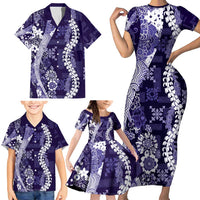 Hawaii Puakenikeni and Maile Lei Family Matching Short Sleeve Bodycon Dress and Hawaiian Shirt Purple Japanese Wave Style LT9 - Polynesian Pride