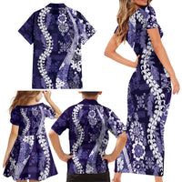 Hawaii Puakenikeni and Maile Lei Family Matching Short Sleeve Bodycon Dress and Hawaiian Shirt Purple Japanese Wave Style LT9 - Polynesian Pride