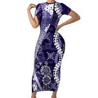 Hawaii Puakenikeni and Maile Lei Family Matching Short Sleeve Bodycon Dress and Hawaiian Shirt Purple Japanese Wave Style LT9 Mom's Dress Purple - Polynesian Pride