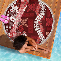 Hawaii Puakenikeni and Maile Lei Beach Blanket Red Japanese Wave Style - Polynesian Pride