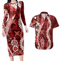 Hawaii Puakenikeni and Maile Lei Couples Matching Long Sleeve Bodycon Dress and Hawaiian Shirt Red Japanese Wave Style LT9 Red - Polynesian Pride