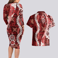 Hawaii Puakenikeni and Maile Lei Couples Matching Long Sleeve Bodycon Dress and Hawaiian Shirt Red Japanese Wave Style LT9 - Polynesian Pride