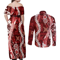 Hawaii Puakenikeni and Maile Lei Couples Matching Off Shoulder Maxi Dress and Long Sleeve Button Shirt Red Japanese Wave Style LT9 - Polynesian Pride