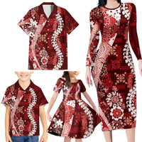Hawaii Puakenikeni and Maile Lei Family Matching Long Sleeve Bodycon Dress and Hawaiian Shirt Red Japanese Wave Style LT9 - Polynesian Pride