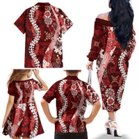 Hawaii Puakenikeni and Maile Lei Family Matching Off The Shoulder Long Sleeve Dress and Hawaiian Shirt Red Japanese Wave Style LT9 - Polynesian Pride