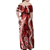 Hawaii Puakenikeni and Maile Lei Family Matching Off Shoulder Maxi Dress and Hawaiian Shirt Red Japanese Wave Style LT9 - Polynesian Pride