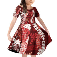 Hawaii Puakenikeni and Maile Lei Family Matching Off Shoulder Short Dress and Hawaiian Shirt Red Japanese Wave Style LT9 Daughter's Dress Red - Polynesian Pride
