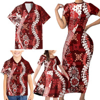 Hawaii Puakenikeni and Maile Lei Family Matching Short Sleeve Bodycon Dress and Hawaiian Shirt Red Japanese Wave Style LT9 - Polynesian Pride