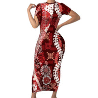 Hawaii Puakenikeni and Maile Lei Family Matching Short Sleeve Bodycon Dress and Hawaiian Shirt Red Japanese Wave Style LT9 Mom's Dress Red - Polynesian Pride