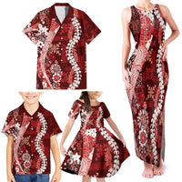 Hawaii Puakenikeni and Maile Lei Family Matching Tank Maxi Dress and Hawaiian Shirt Red Japanese Wave Style LT9 - Polynesian Pride