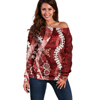 Hawaii Puakenikeni and Maile Lei Off Shoulder Sweater Red Japanese Wave Style LT9 Women Red - Polynesian Pride
