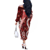 Hawaii Puakenikeni and Maile Lei Off The Shoulder Long Sleeve Dress Red Japanese Wave Style - Polynesian Pride