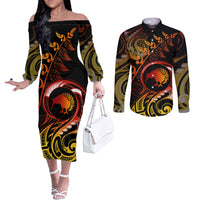 New Zealand Couples Matching Off The Shoulder Long Sleeve Dress and Long Sleeve Button Shirts Aotearoa Kiwi Bird Maori Fern Tattoo Arty LT9 Reggae - Polynesian Pride