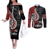 Honour The Treaty New Zealand Couples Matching Off The Shoulder Long Sleeve Dress and Long Sleeve Button Shirt Toitu Te Tiriti Ake!Ake!Ake!
