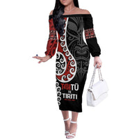 Honour The Treaty New Zealand Family Matching Off The Shoulder Long Sleeve Dress and Hawaiian Shirt Toitu Te Tiriti Ake!Ake!Ake! LT9 Mom's Dress Black - Polynesian Pride