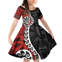 Honour The Treaty New Zealand Family Matching Off Shoulder Short Dress and Hawaiian Shirt Toitu Te Tiriti Ake!Ake!Ake! LT9 Daughter's Dress Black - Polynesian Pride