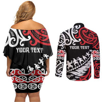 Honour The Treaty New Zealand Personalised Couples Matching Off Shoulder Short Dress and Long Sleeve Button Shirt Toitu Te Tiriti Half Fern with Haka dance