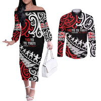 Honour The Treaty New Zealand Personalised Couples Matching Off The Shoulder Long Sleeve Dress and Long Sleeve Button Shirt Toitu Te Tiriti Half Fern with Haka dance