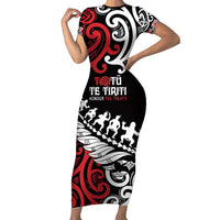 Honour The Treaty New Zealand Personalised Family Matching Short Sleeve Bodycon Dress and Hawaiian Shirt Toitu Te Tiriti Half Fern with Haka dance LT9 Mom's Dress Black - Polynesian Pride