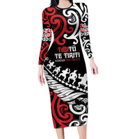 Honour The Treaty New Zealand Personalised Long Sleeve Bodycon Dress Toitu Te Tiriti Half Fern with Haka dance LT9 Long Dress Black - Polynesian Pride