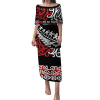 Honour The Treaty New Zealand Personalised Puletasi Toitu Te Tiriti Half Fern with Haka dance LT9 Long Dress Black - Polynesian Pride