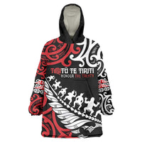 Honour The Treaty New Zealand Personalised Wearable Blanket Hoodie Toitu Te Tiriti Half Fern with Haka dance LT9 One Size Black - Polynesian Pride