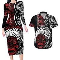 Honour The Treaty New Zealand Personalised Couples Matching Long Sleeve Bodycon Dress and Hawaiian Shirt Toitu Te Tiriti Indigenous Maori Face LT9 Black - Polynesian Pride