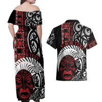 Honour The Treaty New Zealand Personalised Couples Matching Off Shoulder Maxi Dress and Hawaiian Shirt Toitu Te Tiriti Indigenous Maori Face LT9 - Polynesian Pride