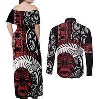 Honour The Treaty New Zealand Personalised Couples Matching Off Shoulder Maxi Dress and Long Sleeve Button Shirt Toitu Te Tiriti Indigenous Maori Face