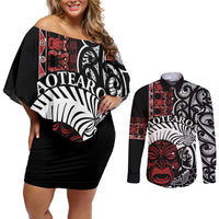 Honour The Treaty New Zealand Personalised Couples Matching Off Shoulder Short Dress and Long Sleeve Button Shirt Toitu Te Tiriti Indigenous Maori Face