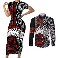 Honour The Treaty New Zealand Personalised Couples Matching Short Sleeve Bodycon Dress and Long Sleeve Button Shirt Toitu Te Tiriti Indigenous Maori Face