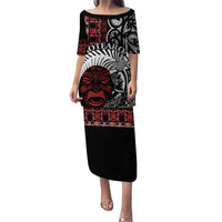 Honour The Treaty New Zealand Personalised Puletasi Toitu Te Tiriti Indigenous Maori Face LT9 Long Dress Black - Polynesian Pride