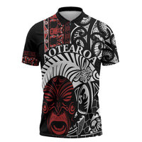 Honour The Treaty New Zealand Personalised Zipper Polo Shirt Toitu Te Tiriti Indigenous Maori Face LT9 Red - Polynesian Pride