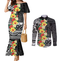 Samoa Tribal Hibiscus Flowers Couples Matching Mermaid Dress and Long Sleeve Button Shirt LT9 Black - Polynesian Pride