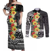 Samoa Tribal Hibiscus Flowers Couples Matching Off Shoulder Maxi Dress and Long Sleeve Button Shirt