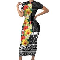 Samoa Tribal Hibiscus Flowers Family Matching Short Sleeve Bodycon Dress and Hawaiian Shirt LT9 Mom's Dress Black - Polynesian Pride