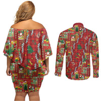 Mele Kalikimaka Pakalana Pikake Lei Couples Matching Off Shoulder Short Dress and Long Sleeve Button Shirt Hawaiian Rodeo Paniolo Omaomao Palaka LT9 - Polynesian Pride