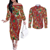 Mele Kalikimaka Pakalana Pikake Lei Couples Matching Off The Shoulder Long Sleeve Dress and Long Sleeve Button Shirt Hawaiian Rodeo Paniolo Omaomao Palaka LT9 Green - Polynesian Pride
